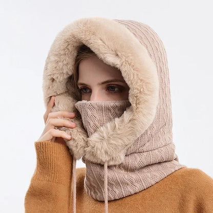 Winter Knitted Fur Cap Mask Set – 3-in-1  Women’s Fleece-Lined Ski Hat, Scarf, and Balaclava for Ultimate Warmth in Outdoor Adventures