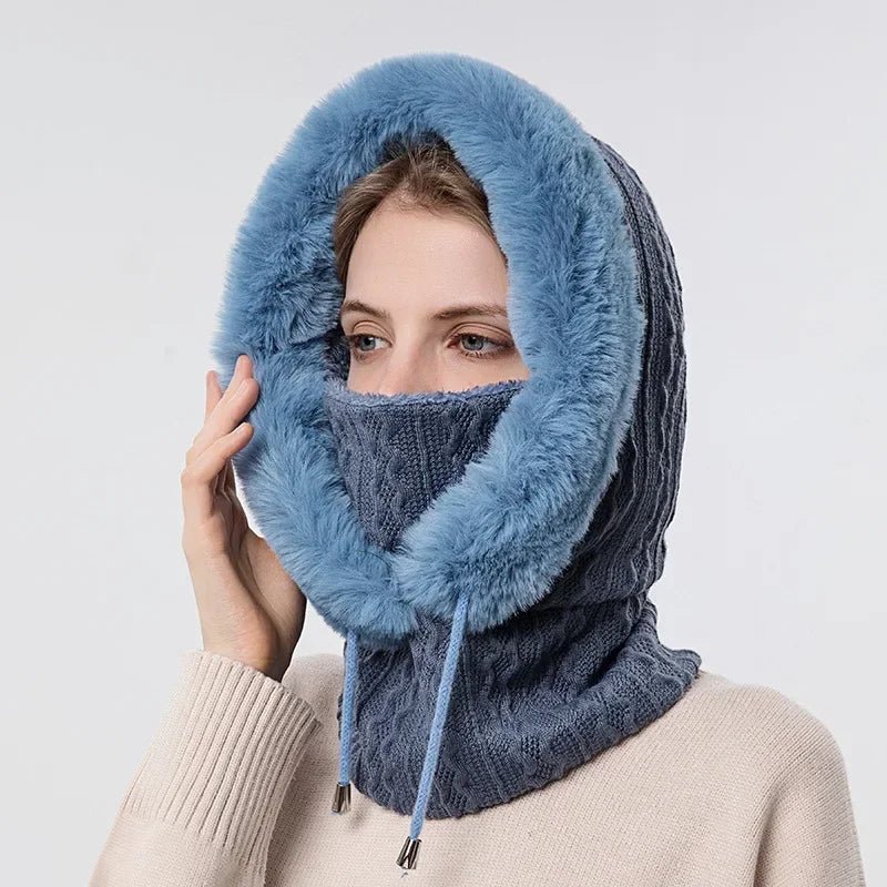 Winter Knitted Fur Cap Mask Set – 3-in-1  Women’s Fleece-Lined Ski Hat, Scarf, and Balaclava for Ultimate Warmth in Outdoor Adventures