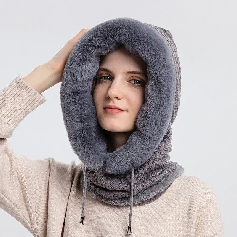 Winter Knitted Fur Cap Mask Set – 3-in-1  Women’s Fleece-Lined Ski Hat, Scarf, and Balaclava for Ultimate Warmth in Outdoor Adventures