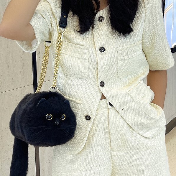 Winter Plush Realistic Cat Purse - Cat Shaped Shoulder Bag for Women