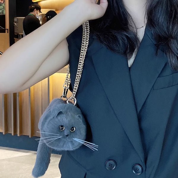 Winter Plush Realistic Cat Purse - Cat Shaped Shoulder Bag for Women