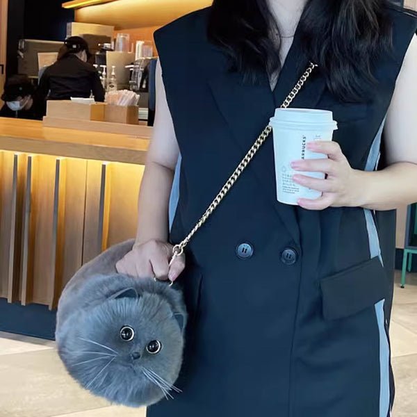Winter Plush Realistic Cat Purse - Cat Shaped Shoulder Bag for Women