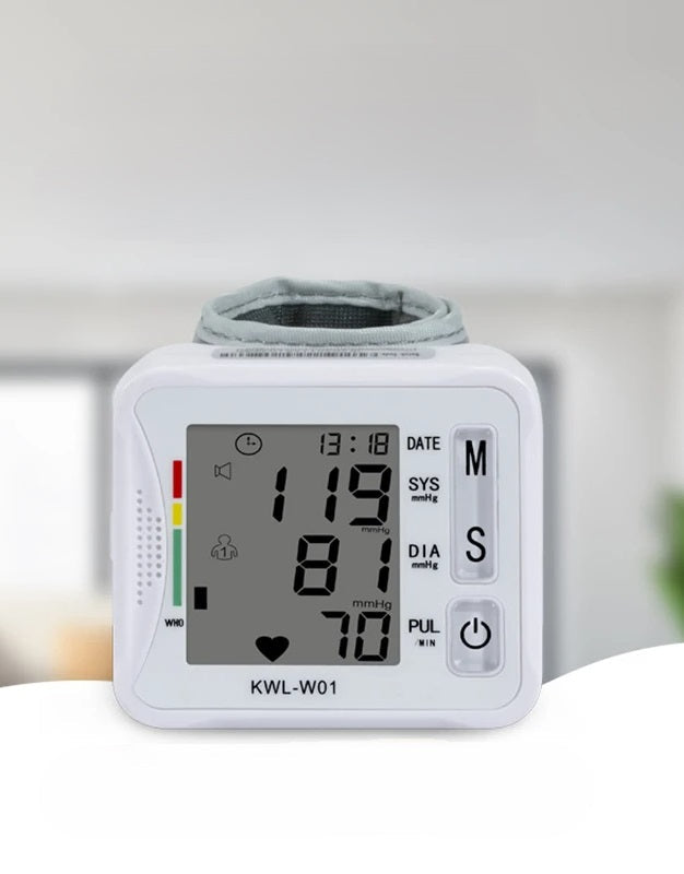 Wrist Blood Pressure Monitor – Adjustable LCD Display, Heart Rate & Irregular Beat Alert, Compact Battery-Operated Health Device