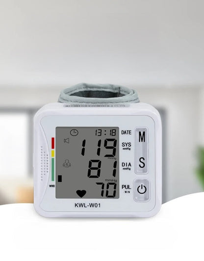 Wrist Blood Pressure Monitor – Adjustable LCD Display, Heart Rate & Irregular Beat Alert, Compact Battery-Operated Health Device