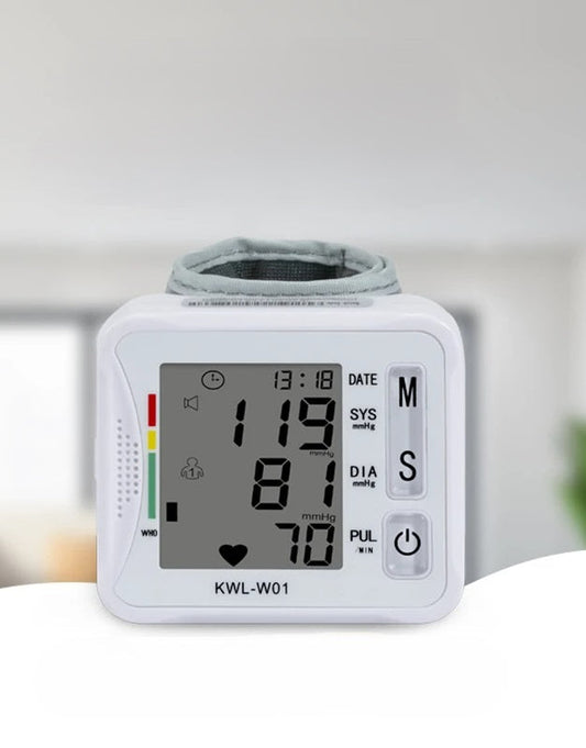 Wrist Blood Pressure Monitor – Adjustable LCD Display, Heart Rate & Irregular Beat Alert, Compact Battery-Operated Health Device