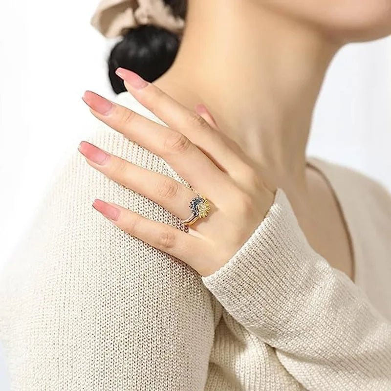 Women Sun and Moon Ring Set – Sparkling Sky Blue Moon & Sun Design, Stackable Engagement Rings for Women