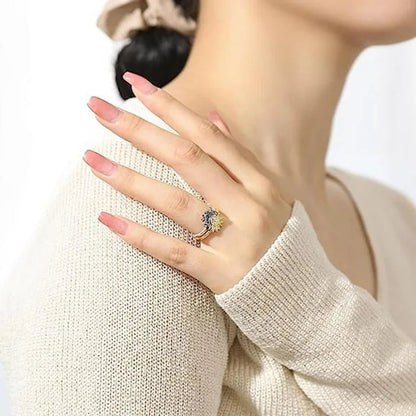 Women Sun and Moon Ring Set – Sparkling Sky Blue Moon & Sun Design, Stackable Engagement Rings for Women