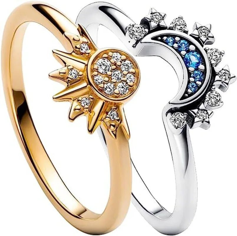 Women Sun and Moon Ring Set – Sparkling Sky Blue Moon & Sun Design, Stackable Engagement Rings for Women