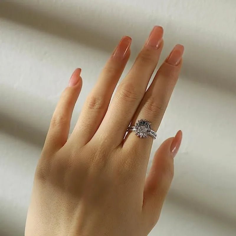 Women Sun and Moon Ring Set – Sparkling Sky Blue Moon & Sun Design, Stackable Engagement Rings for Women