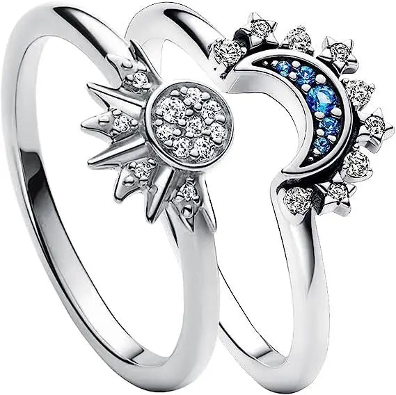 Women Sun and Moon Ring Set – Sparkling Sky Blue Moon & Sun Design, Stackable Engagement Rings for Women