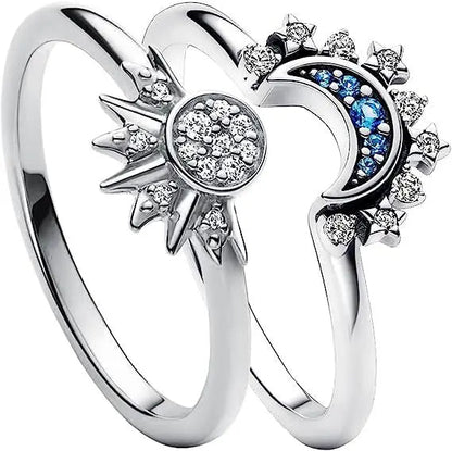 Women Sun and Moon Ring Set – Sparkling Sky Blue Moon & Sun Design, Stackable Engagement Rings for Women