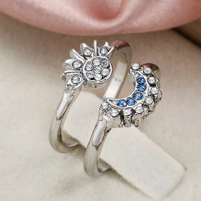 Women Sun and Moon Ring Set – Sparkling Sky Blue Moon & Sun Design, Stackable Engagement Rings for Women