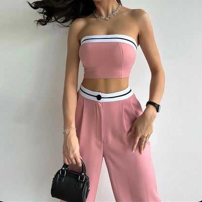Women Tube Top And High Waist Pants -  Sleeveless Vest Bra & Buttoned Pants Summer Sexy Set