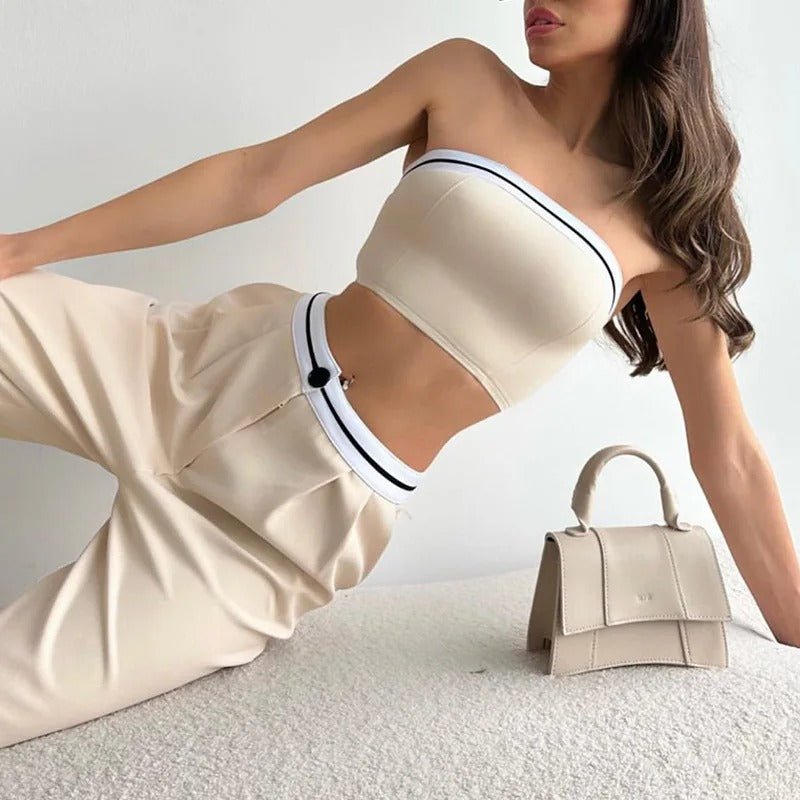Women Tube Top And High Waist Pants -  Sleeveless Vest Bra & Buttoned Pants Summer Sexy Set