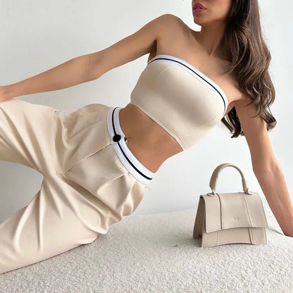 Women Tube Top And High Waist Pants -  Sleeveless Vest Bra & Buttoned Pants Summer Sexy Set