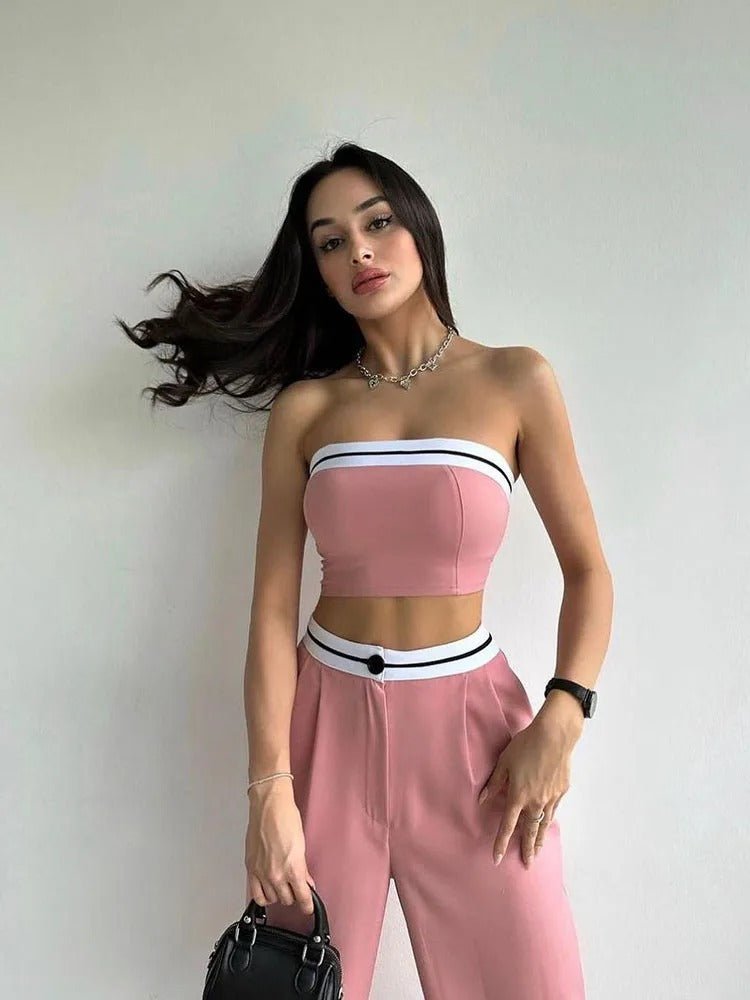 Women Tube Top And High Waist Pants -  Sleeveless Vest Bra & Buttoned Pants Summer Sexy Set