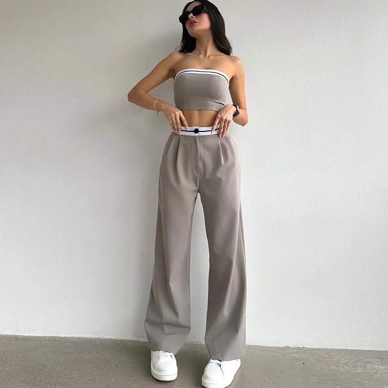 Women Tube Top And High Waist Pants -  Sleeveless Vest Bra & Buttoned Pants Summer Sexy Set