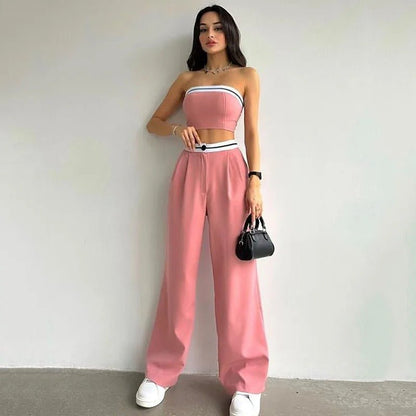 Women Tube Top And High Waist Pants -  Sleeveless Vest Bra & Buttoned Pants Summer Sexy Set