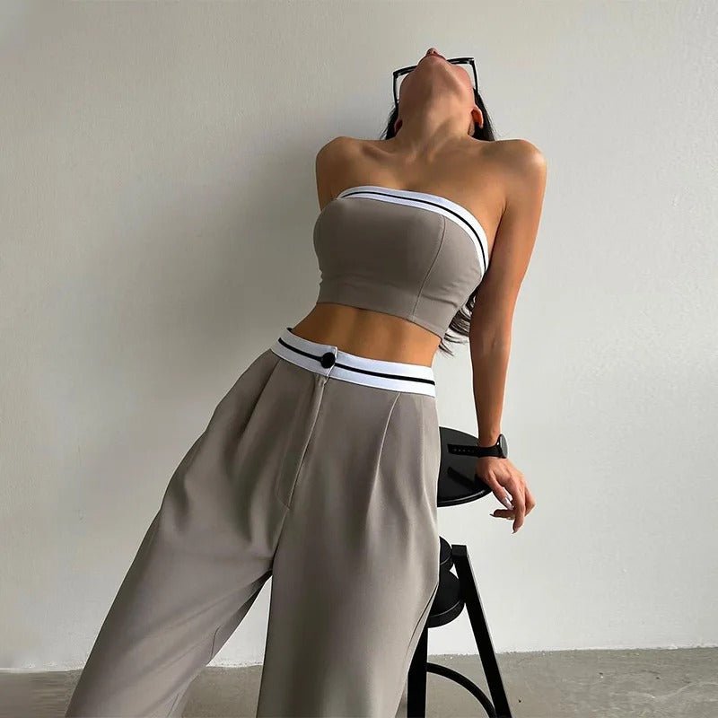 Women Tube Top And High Waist Pants -  Sleeveless Vest Bra & Buttoned Pants Summer Sexy Set