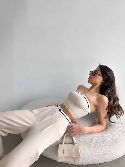 Women Tube Top And High Waist Pants -  Sleeveless Vest Bra & Buttoned Pants Summer Sexy Set