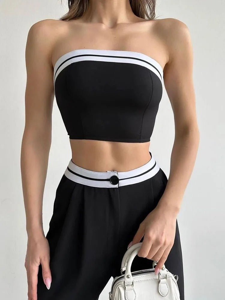Women Tube Top And High Waist Pants -  Sleeveless Vest Bra & Buttoned Pants Summer Sexy Set