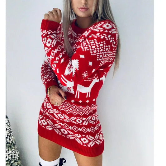 Women's Sexy Knitted Reindeer Sweater Dress – Cozy Christmas Jumper Mini Dress for Winter Festivities