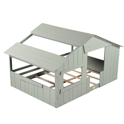 Wood Full-Size House Bed with Roof, Window, and Guardrail Light