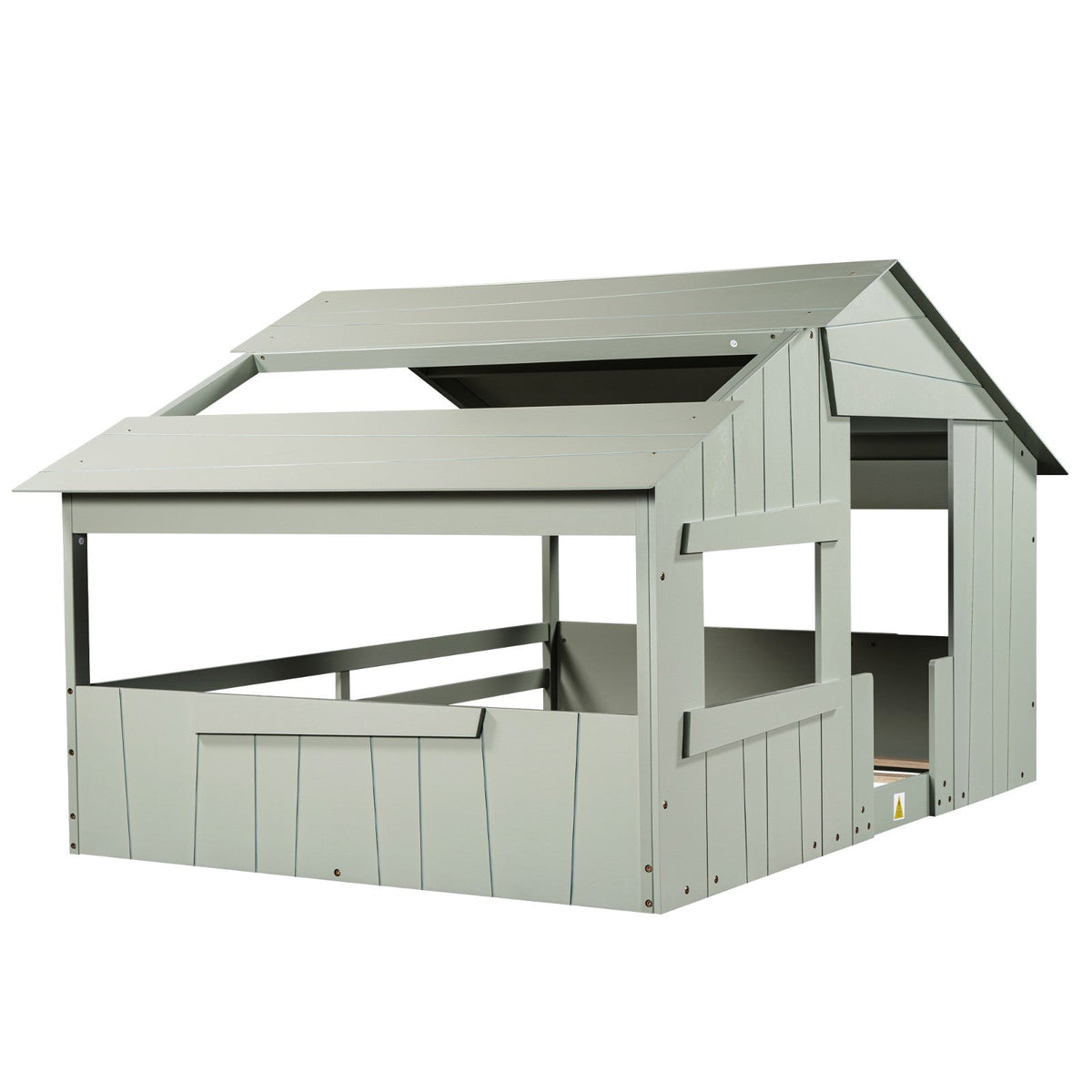 Wood Full-Size House Bed with Roof, Window, and Guardrail Light