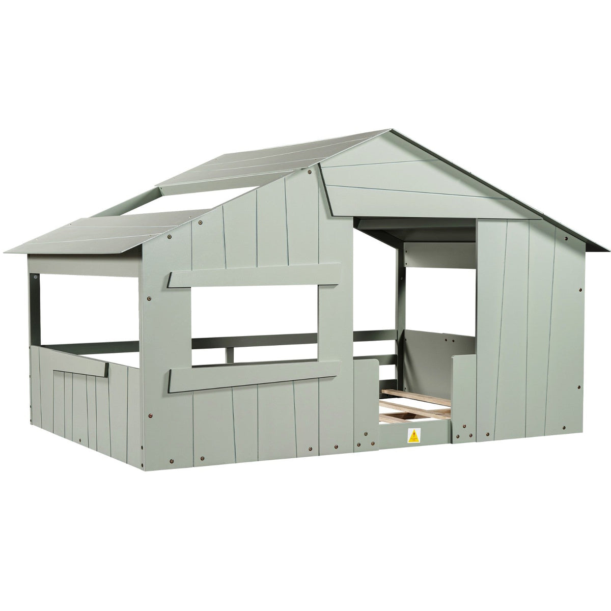 Wood Full-Size House Bed with Roof, Window, and Guardrail Light