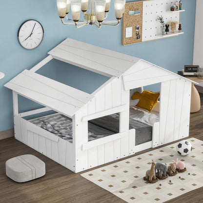 Wood Full-Size House Bed with Roof, Window, and Guardrail Light