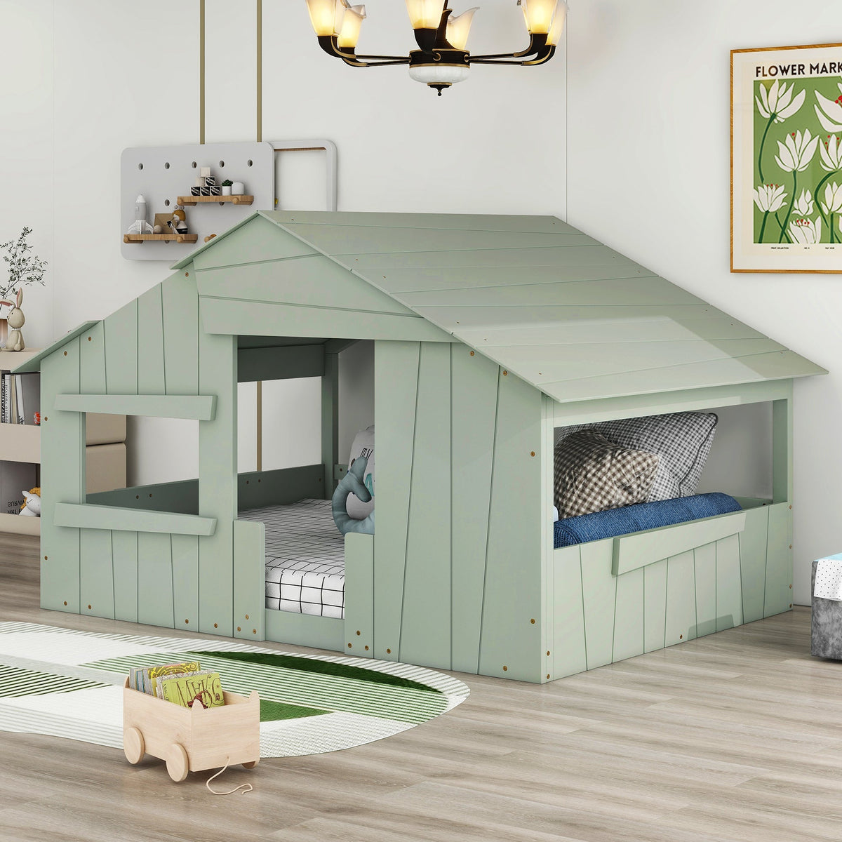 Wood Full-Size House Bed with Roof, Window, and Guardrail Light