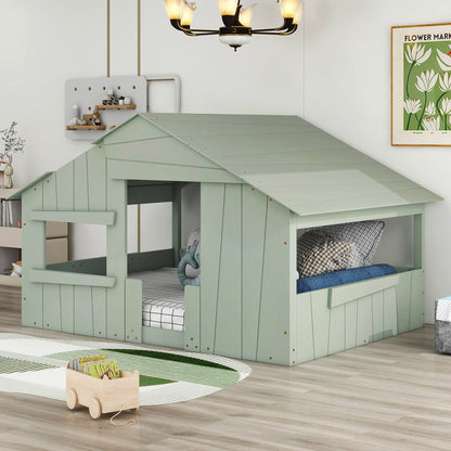 Wood Full-Size House Bed with Roof, Window, and Guardrail Light