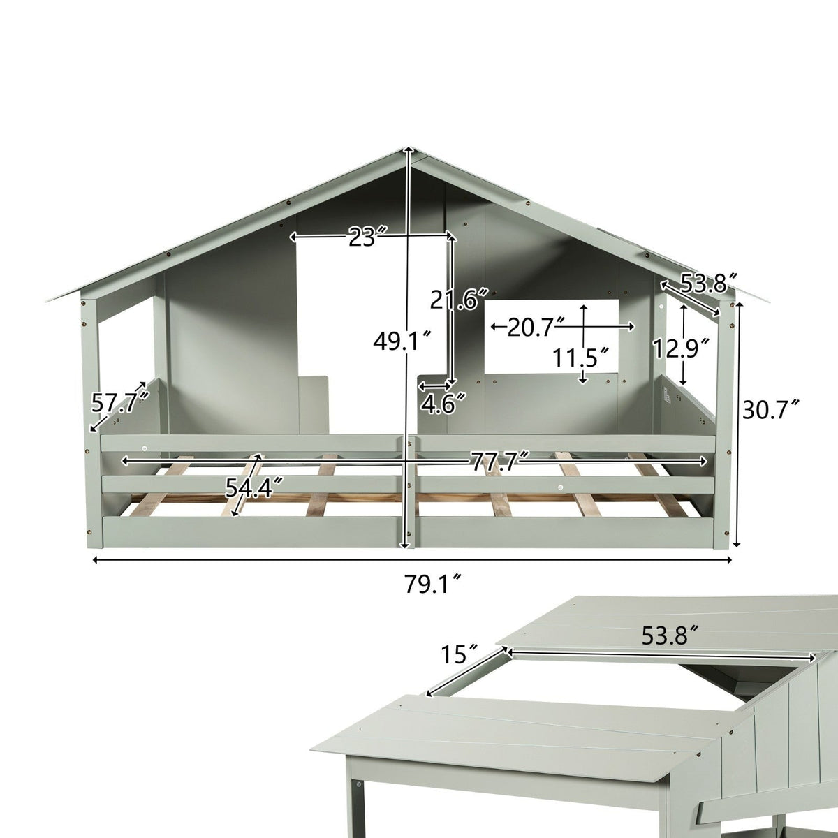 Wood Full-Size House Bed with Roof, Window, and Guardrail Light