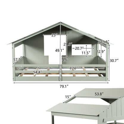 Wood Full-Size House Bed with Roof, Window, and Guardrail Light