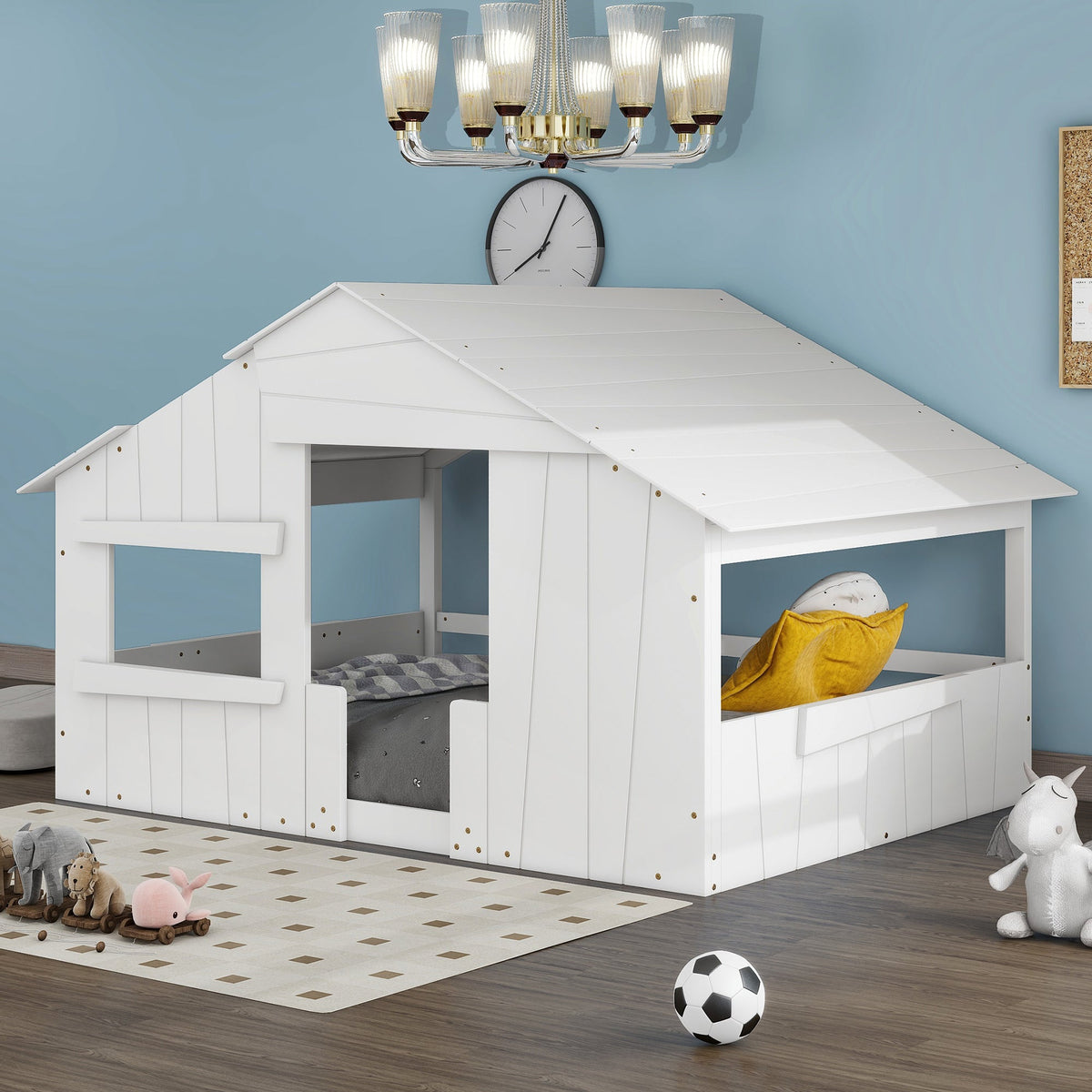 Wood Full-Size House Bed with Roof, Window, and Guardrail Light