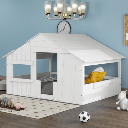 Wood Full-Size House Bed with Roof, Window, and Guardrail Light