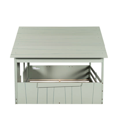 Wood Full-Size House Bed with Roof, Window, and Guardrail Light
