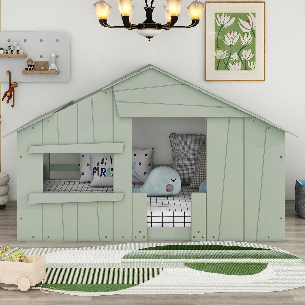 Wood Full-Size House Bed with Roof, Window, and Guardrail Light
