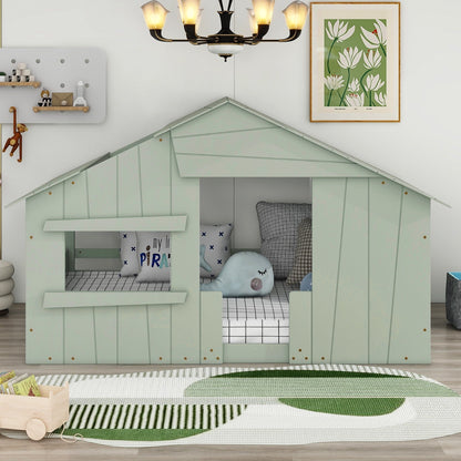 Wood Full-Size House Bed with Roof, Window, and Guardrail Light