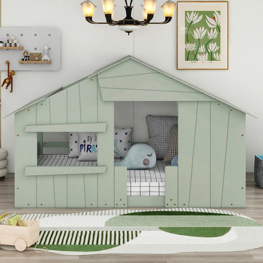 Wood Full-Size House Bed with Roof, Window, and Guardrail Light