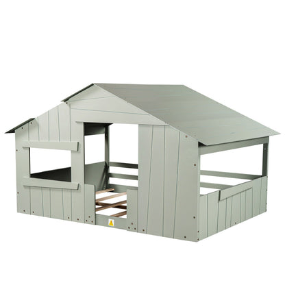 Wood Full-Size House Bed with Roof, Window, and Guardrail Light