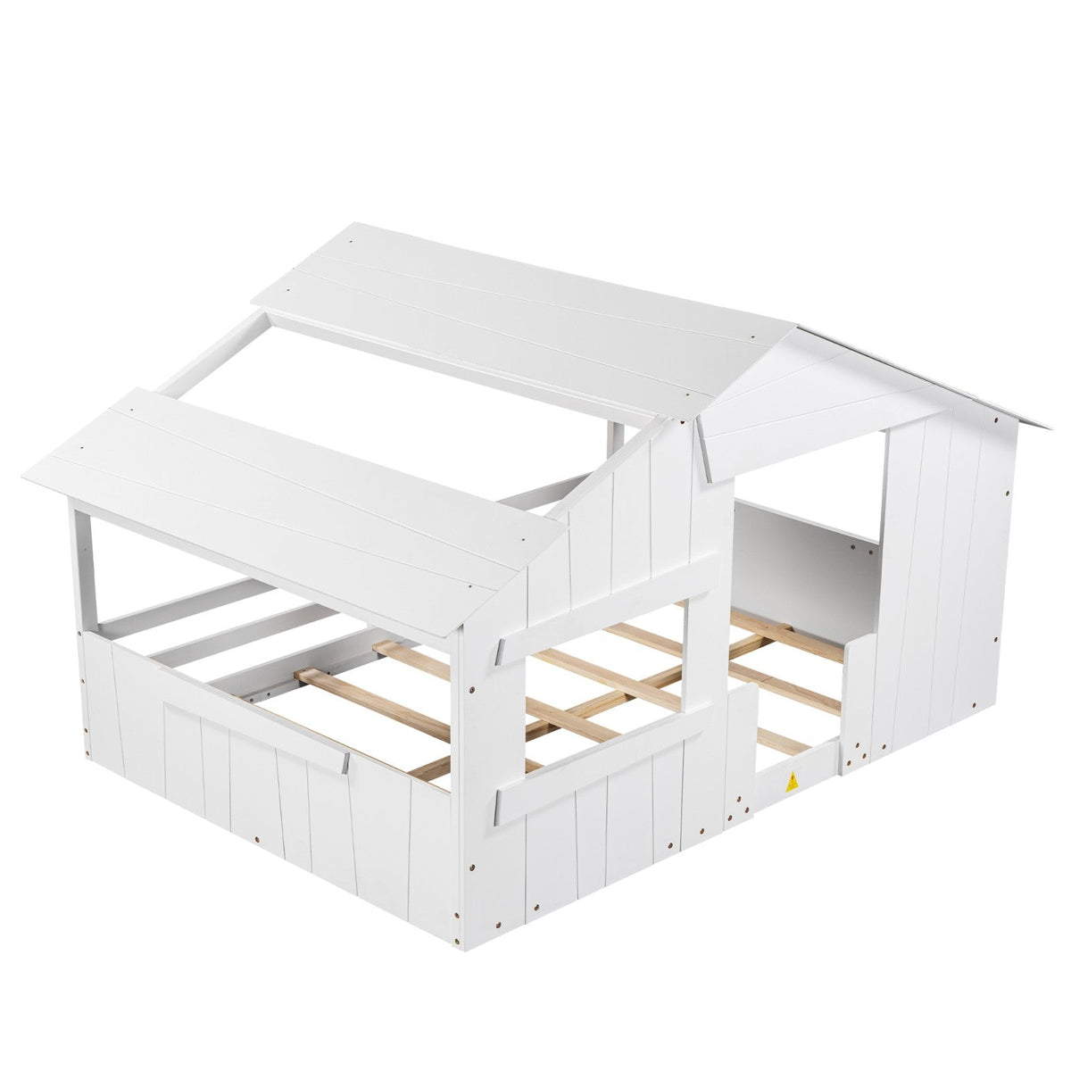 Wood Full-Size House Bed with Roof, Window, and Guardrail Light