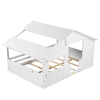 Wood Full-Size House Bed with Roof, Window, and Guardrail Light