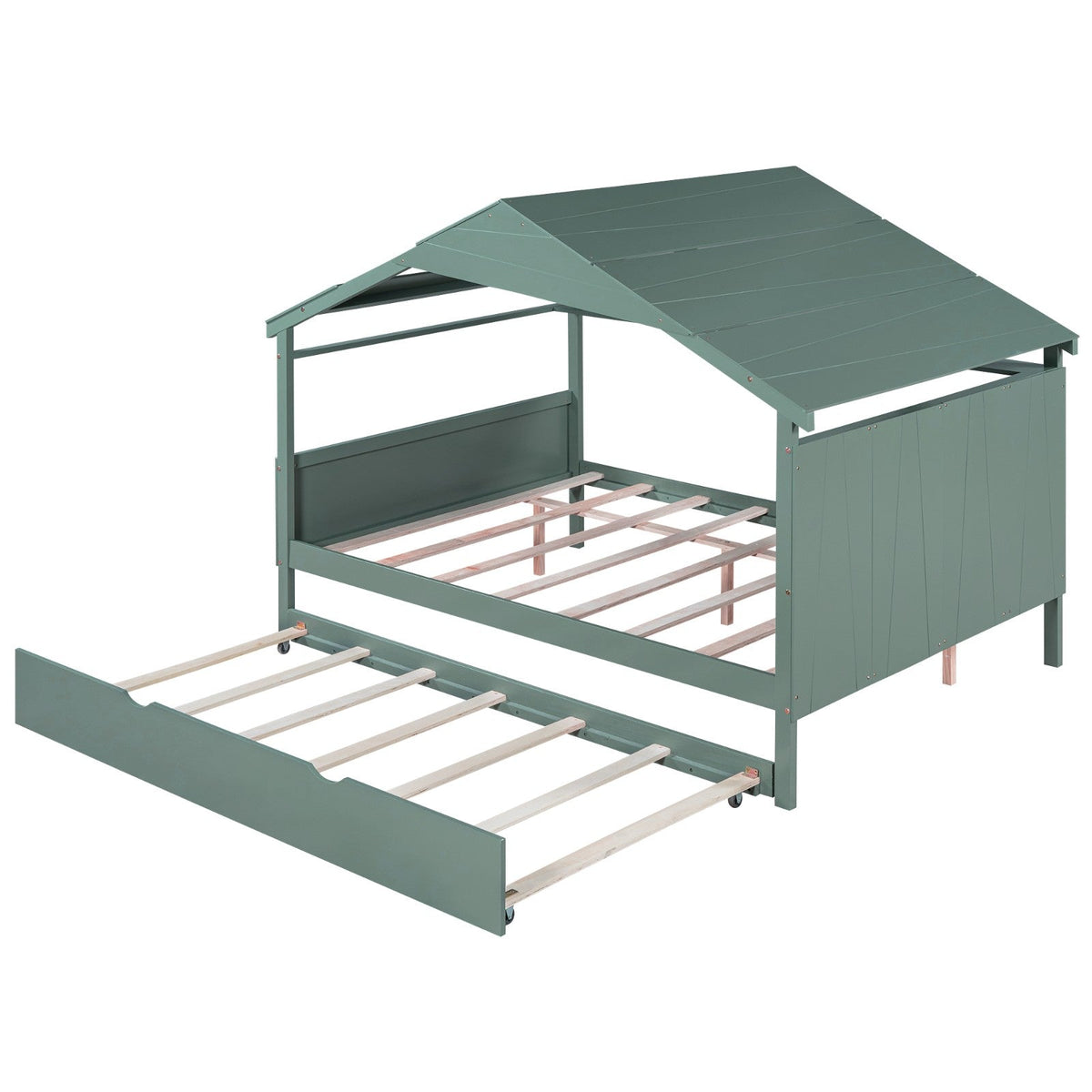 Wood Full Size House Bed with Storage and Twin Size Trundle