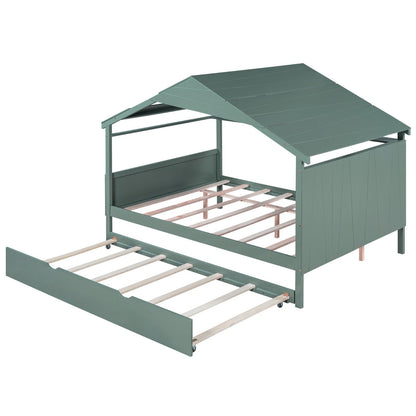 Wood Full Size House Bed with Storage and Twin Size Trundle