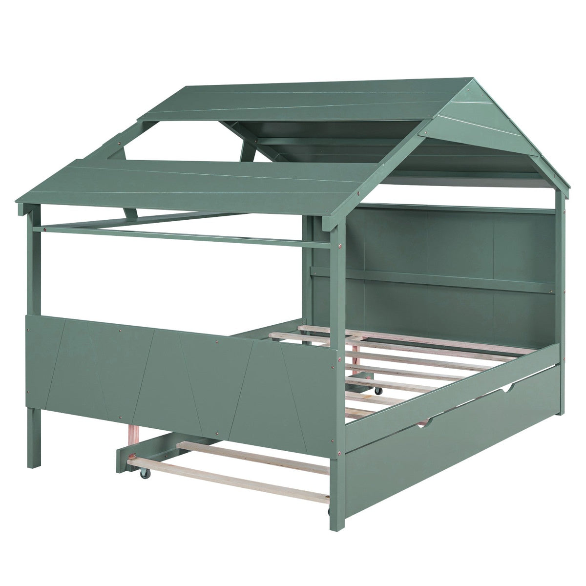 Wood Full Size House Bed with Storage and Twin Size Trundle