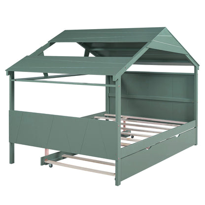 Wood Full Size House Bed with Storage and Twin Size Trundle