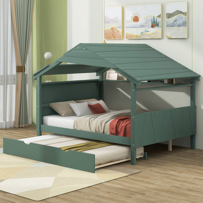 Wood Full Size House Bed with Storage and Twin Size Trundle