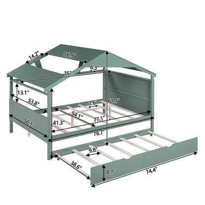 Wood Full Size House Bed with Storage and Twin Size Trundle