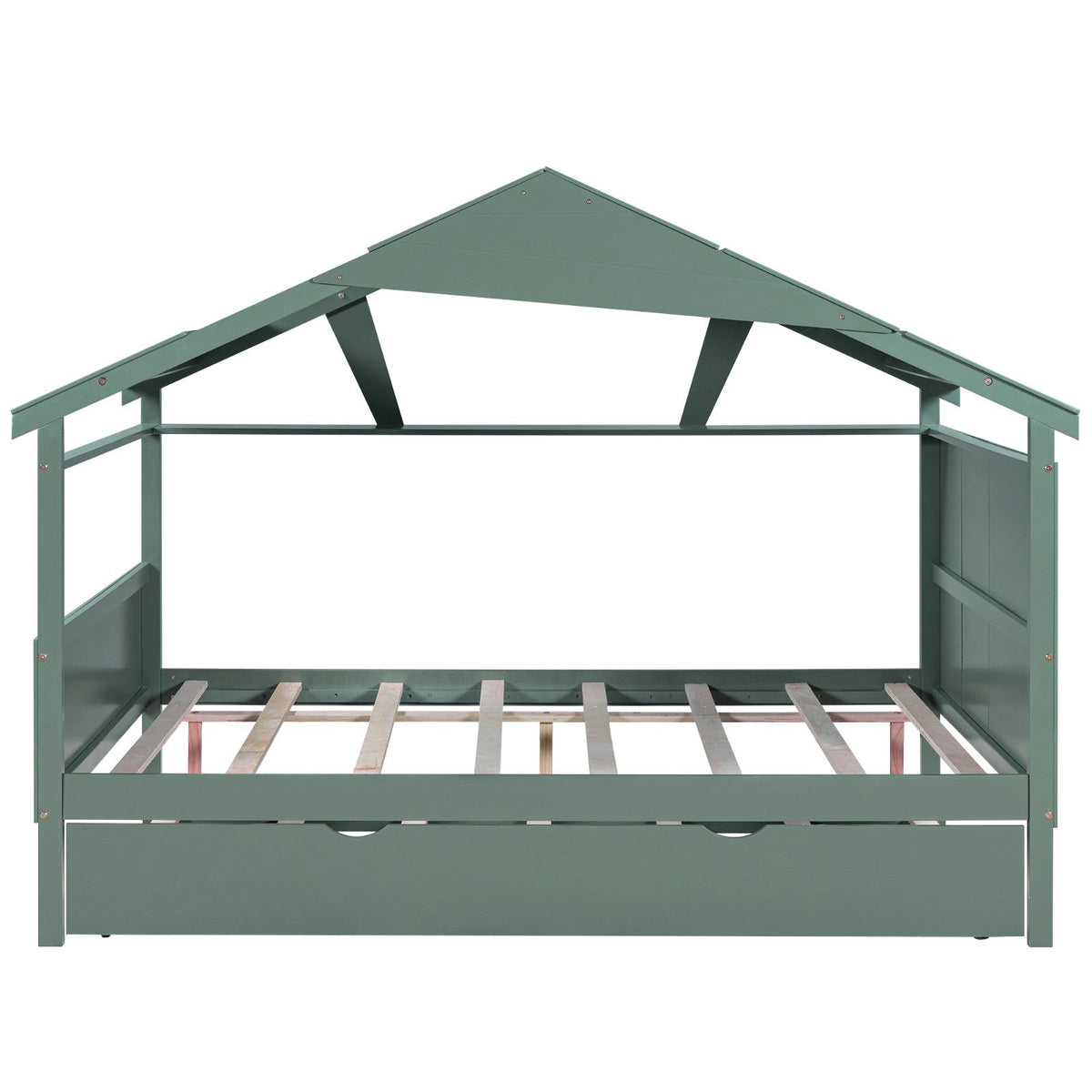 Wood Full Size House Bed with Storage and Twin Size Trundle